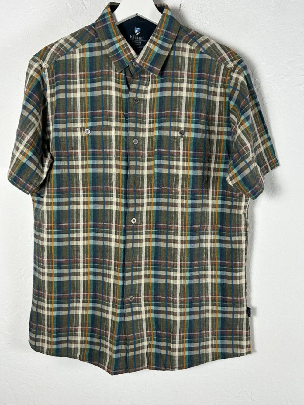 Kuhl Skorpio Mens Short Sleeve Shirt Medium Green Linen Cotton Button Up Pockets